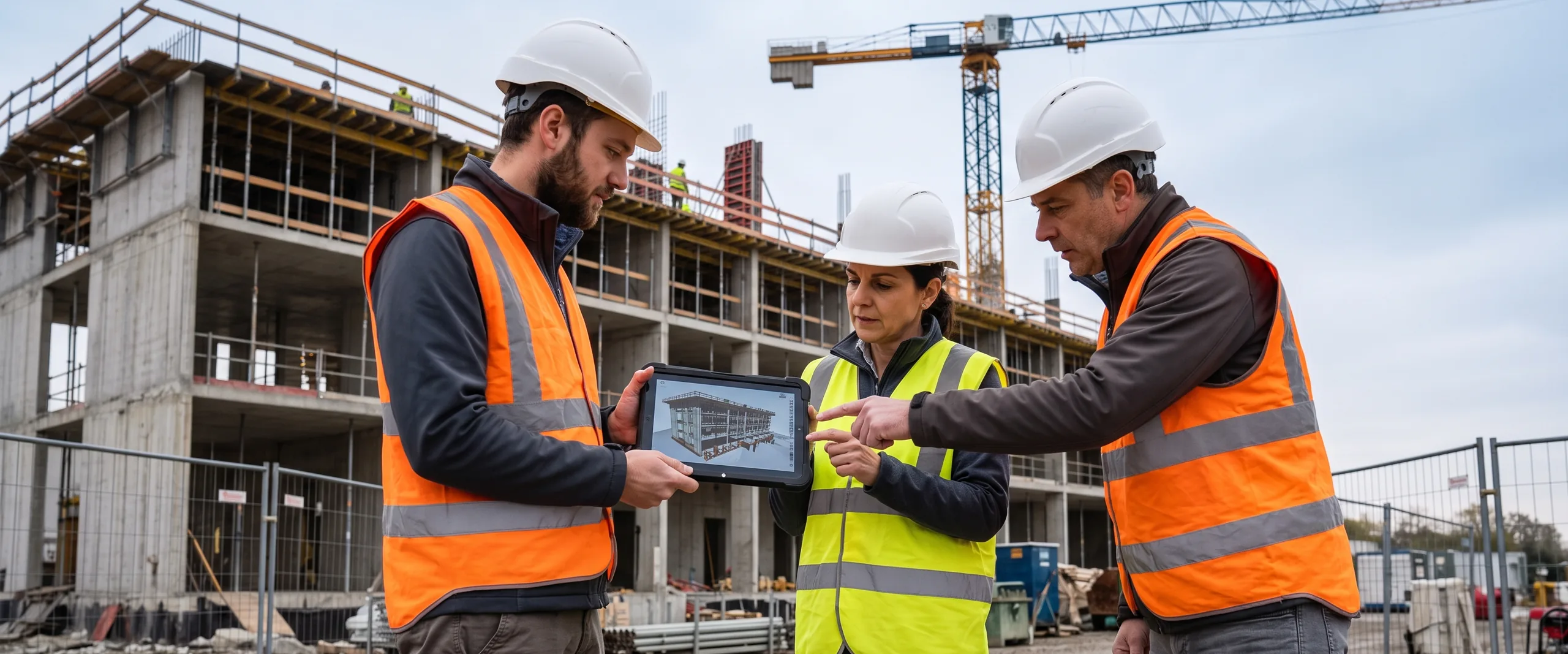 Il gruppo di lavoro in cantiere: tre tecnici con tablet e tavole davanti a un edificio in costruzione