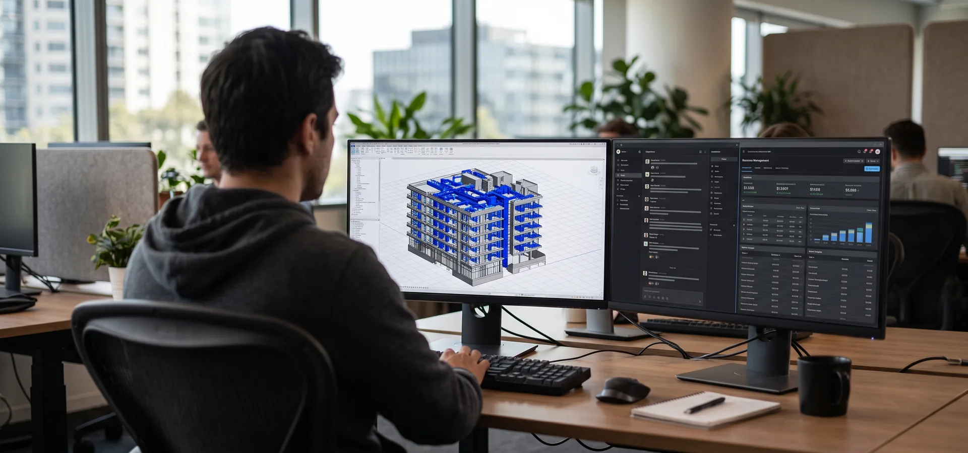 Postazione di lavoro: doppio schermo con il modello BIM degli impianti e il cruscotto di commessa