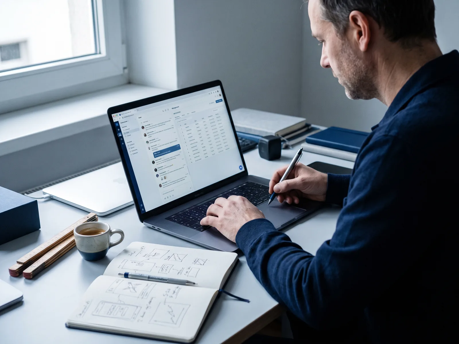 Una persona al lavoro che dialoga con il sistema: laptop con chat a sinistra, taccuino tecnico e caffè