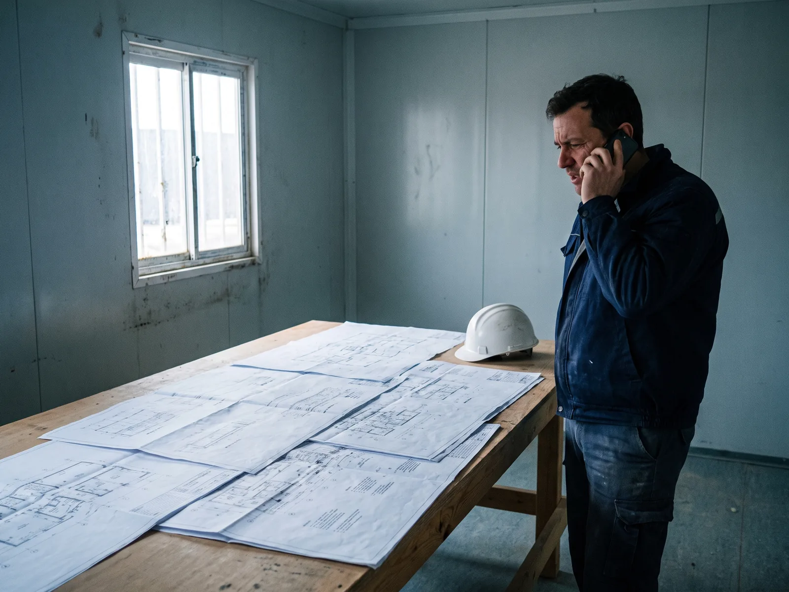 Ufficio di cantiere: tavole di discipline diverse sullo stesso tavolo e una telefonata in corso