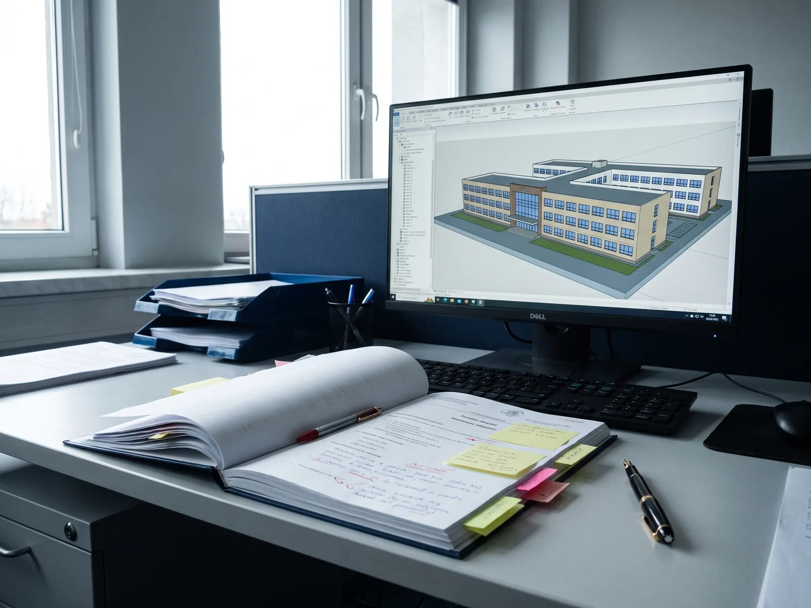 Documenti di gara sul tavolo con annotazioni e un modello 3D sullo schermo accanto